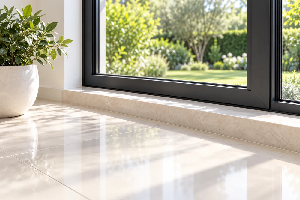 Charcoal aluminium window frame with a sunlit garden view and pale stone sill