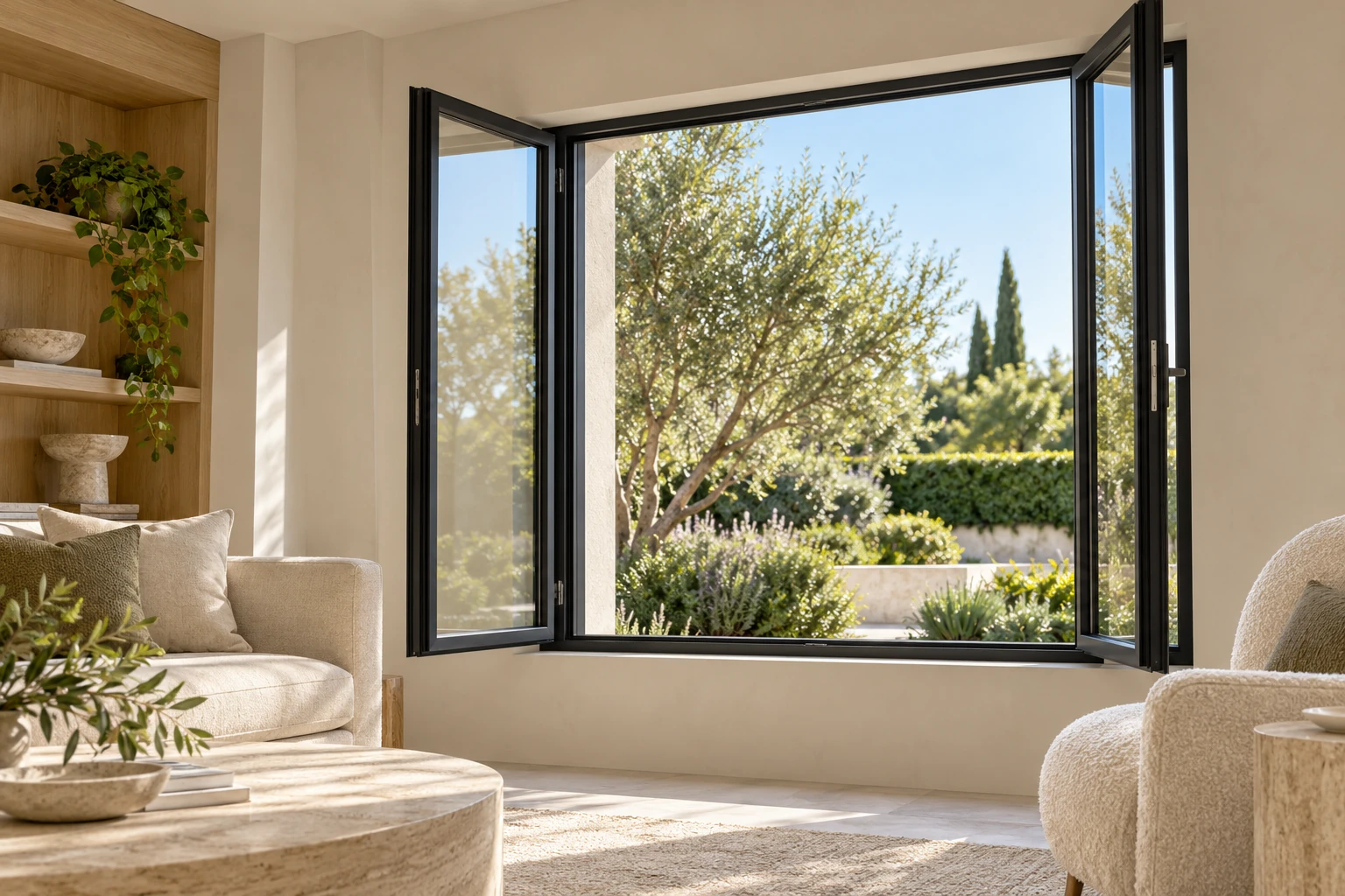 Side-hinged aluminium casement windows opening to a landscaped garden