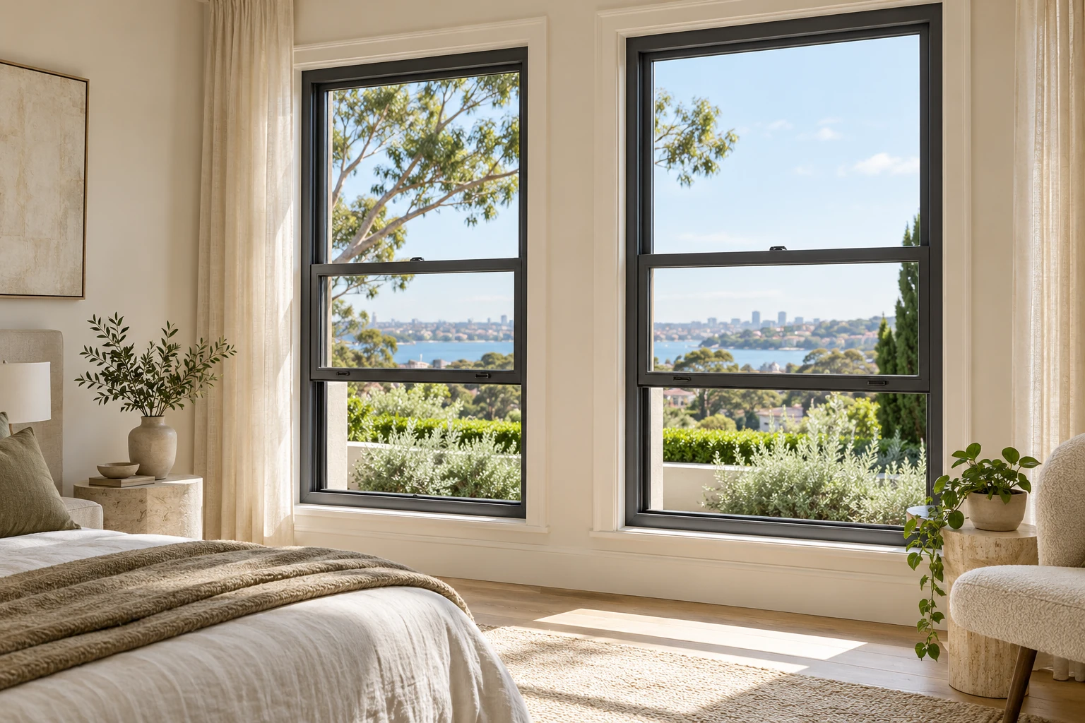 Classic charcoal aluminium double hung windows with raised lower sashes