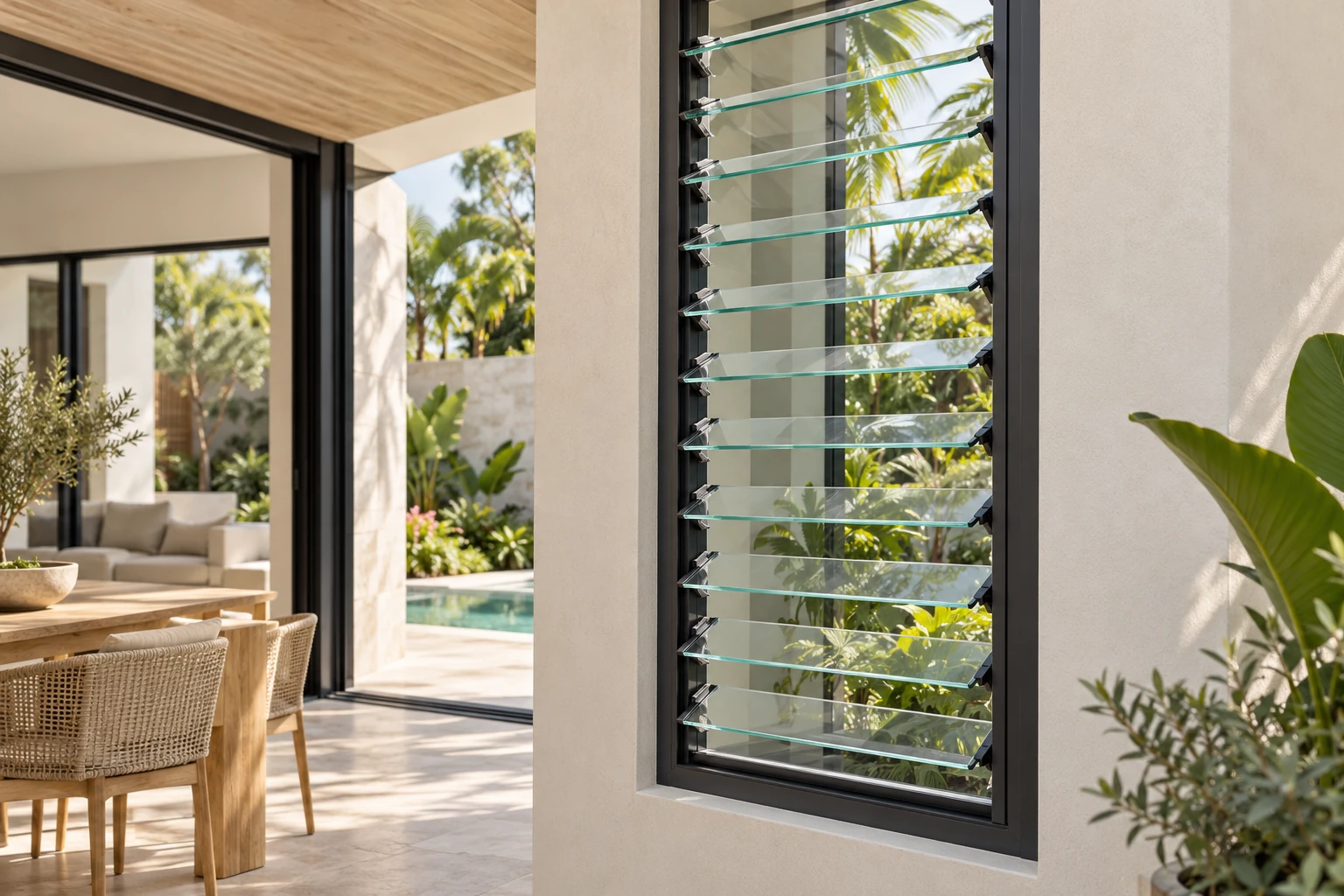 Charcoal aluminium louvre window with tilted horizontal glass blades