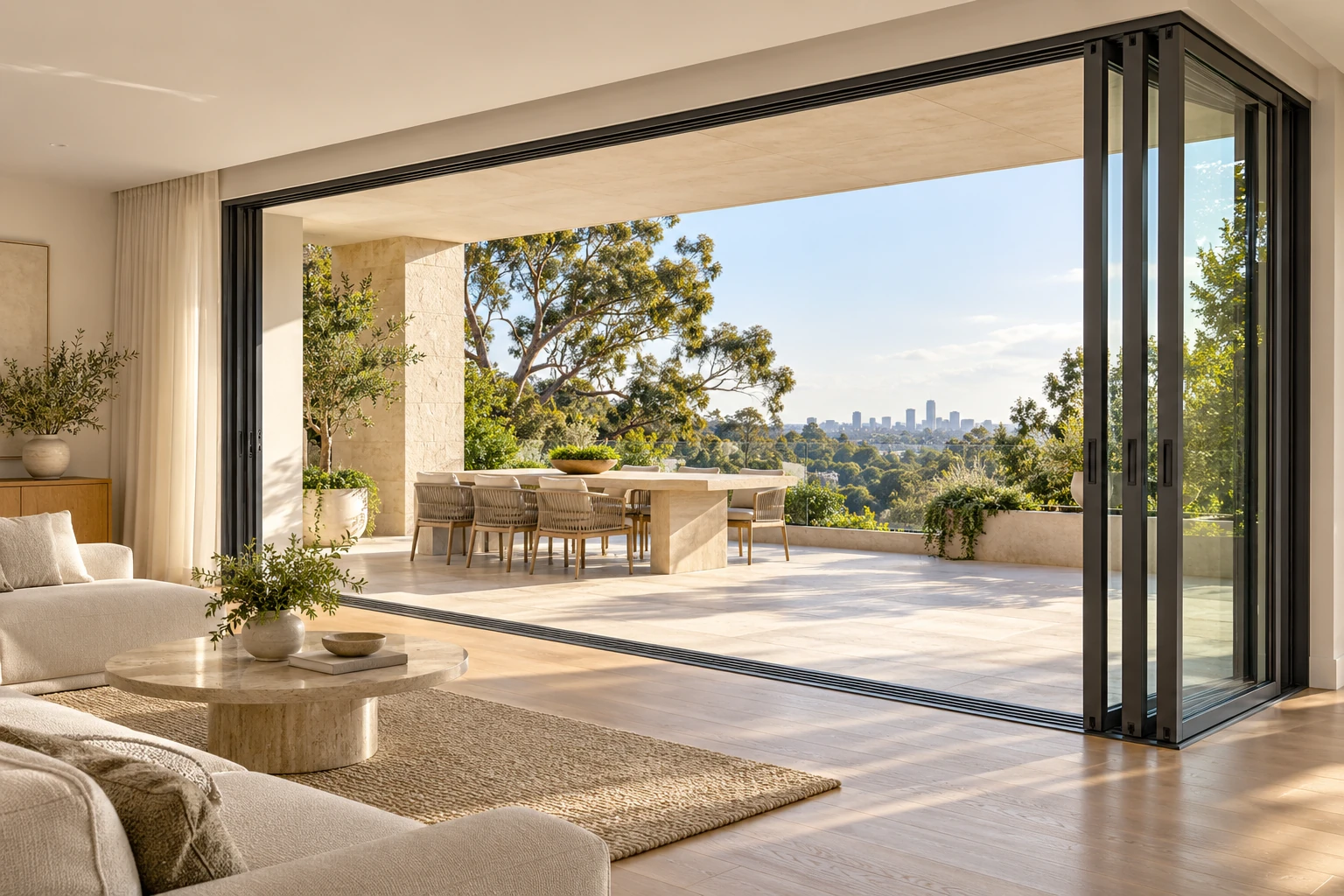 Multiple aluminium glass door panels stacked on parallel tracks beside a wide opening