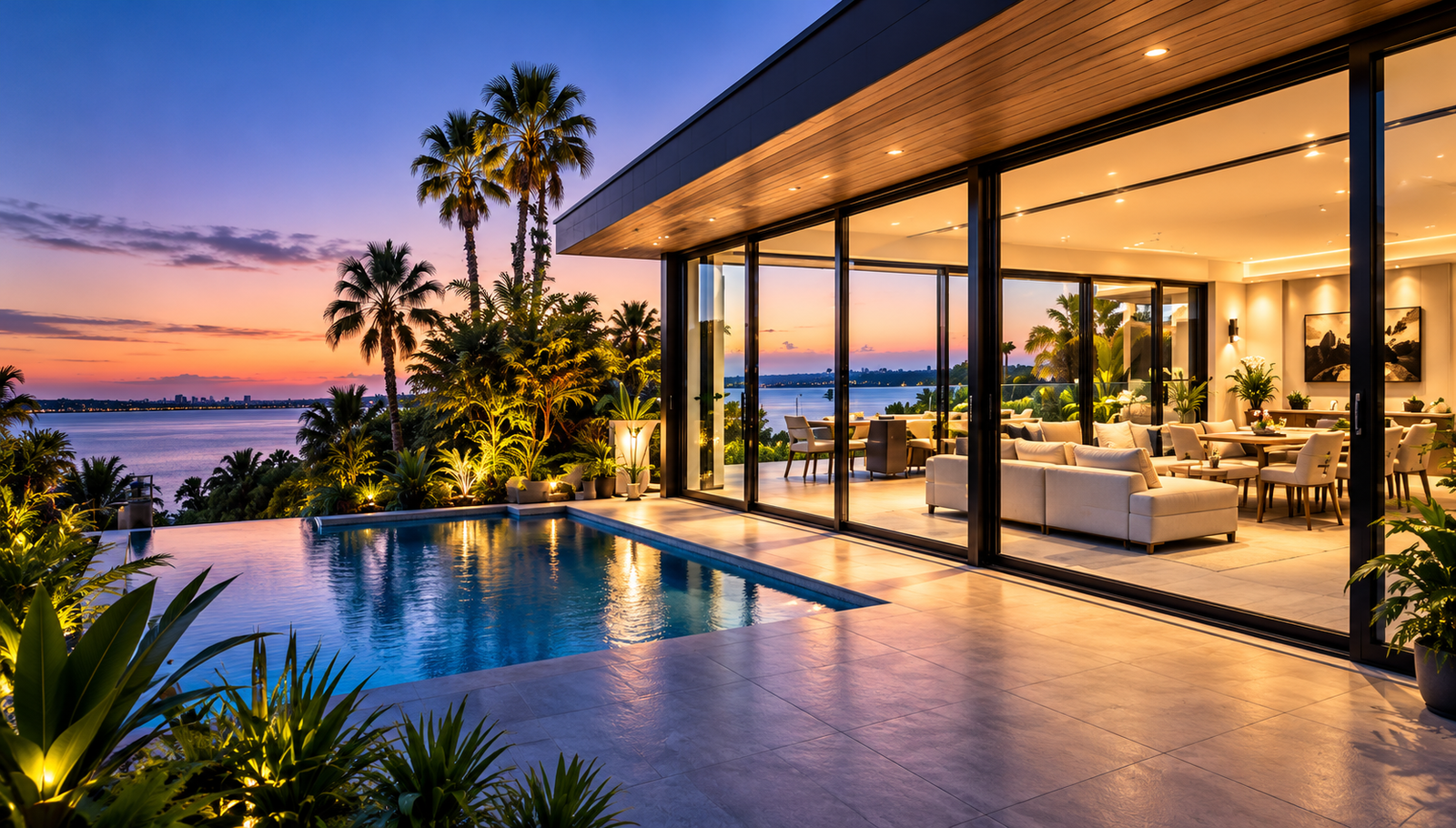 Luxury coastal home with black aluminium sliding doors opening onto a pool at twilight